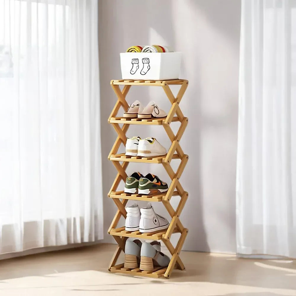 Bamboo Folding Shoe Rack 6 Tier Efficient Hallway Storage-Furniture Kingdom